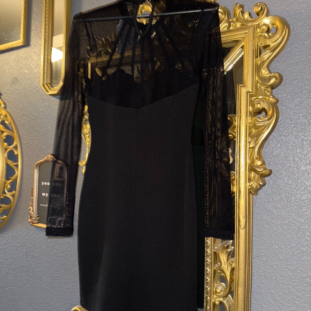 Hope's Black Sheath Dress with Bishop Sleeves and Sweetheart Neckline and slit